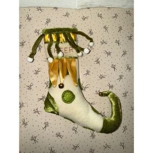 Patience Brewster Krinkles Cheer Christmas Stocking Elf‎ Boot Green Gold Cream